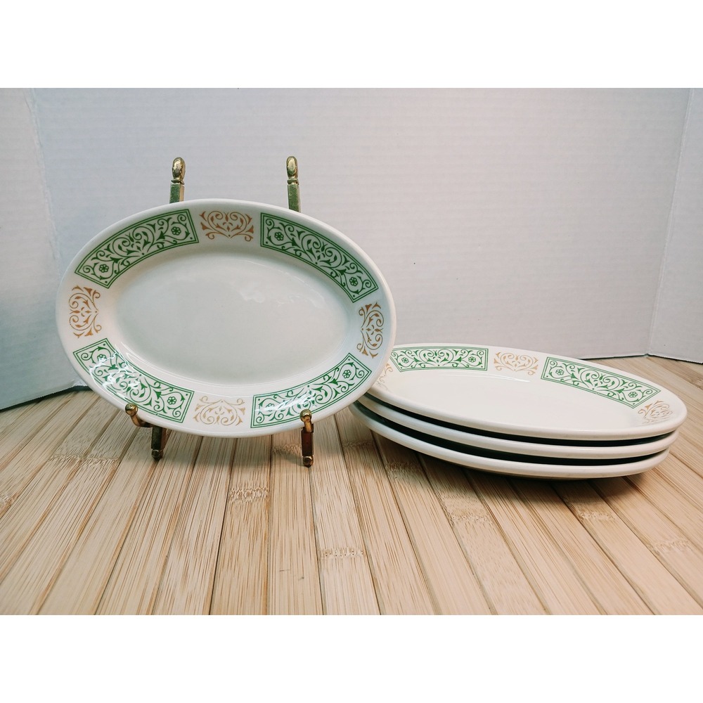 Homer Laughlin Best China Oval Plates Set of 4 Green Tan Filigree Vintage Diner